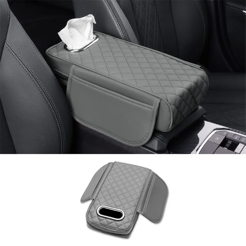 Car Armrest Box Cushion Pad PU Leather Tissue Holder Box with Side Pockets - Grey