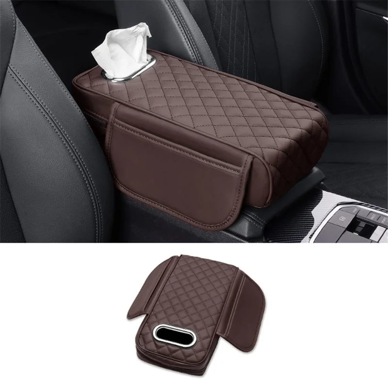 Car Armrest Box Cushion Pad PU Leather Tissue Holder Box with Side Pockets - Dark Brown