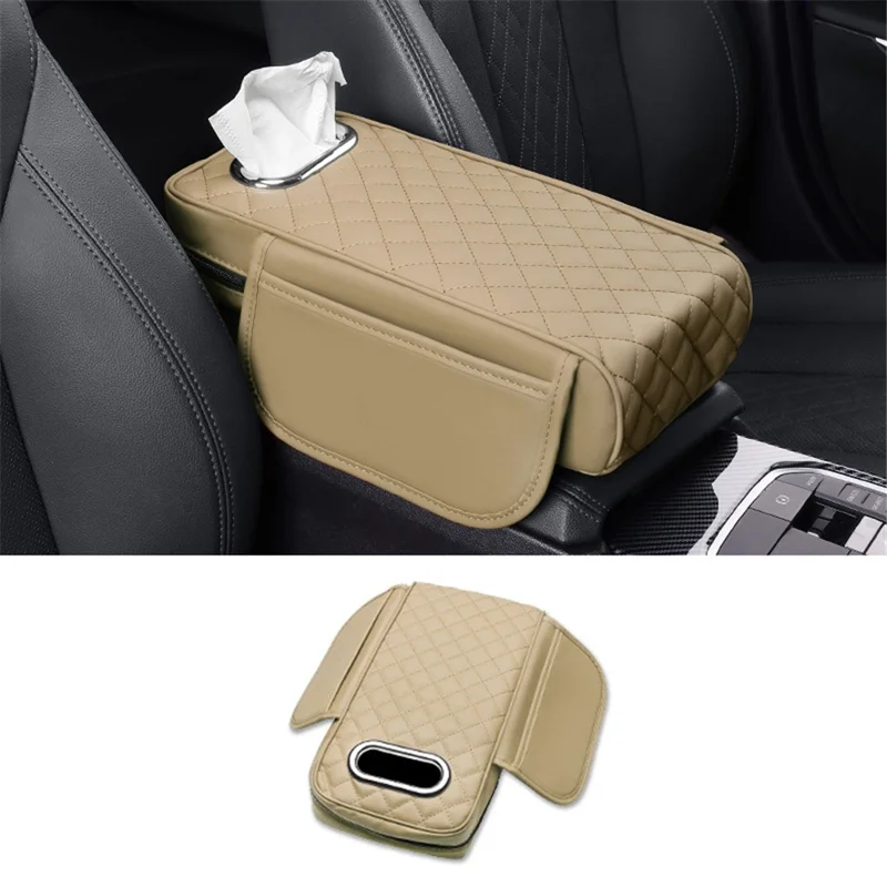 Car Armrest Box Cushion Pad PU Leather Tissue Holder Box with Side Pockets - Beige