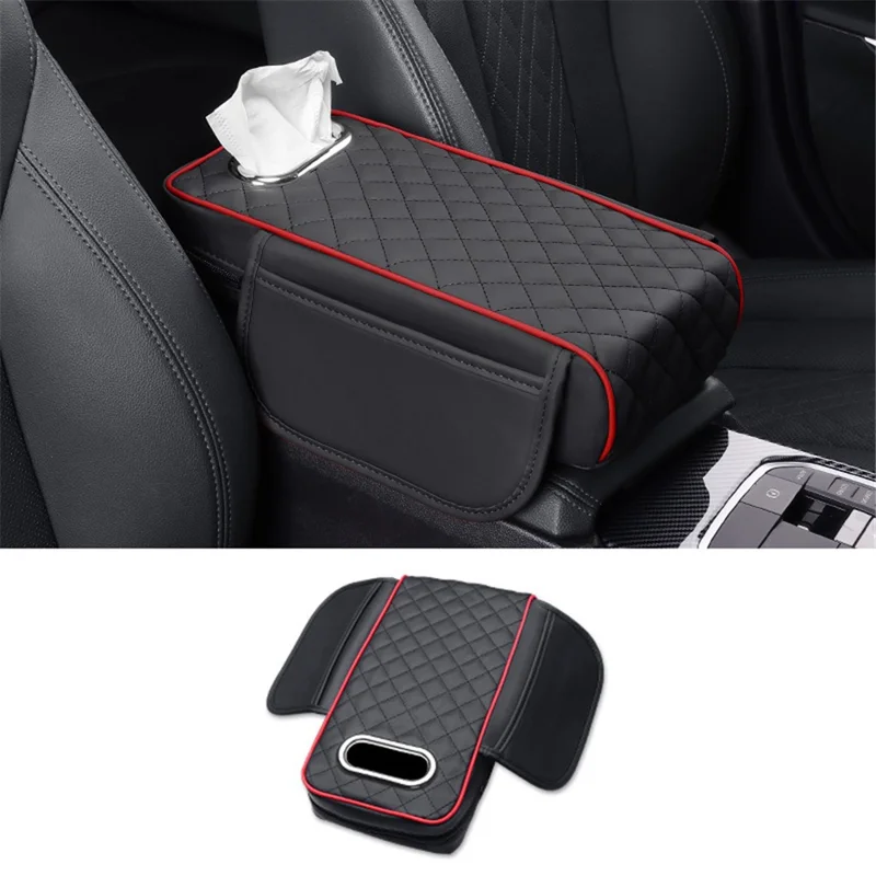 Car Armrest Box Cushion Pad PU Leather Tissue Holder Box with Side Pockets - Black  /  Red