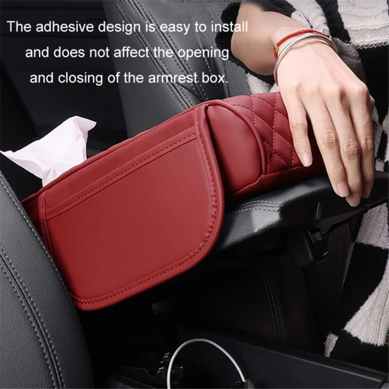 Car Armrest Box Cushion Pad PU Leather Tissue Holder Box with Side Pockets - Black  /  Red