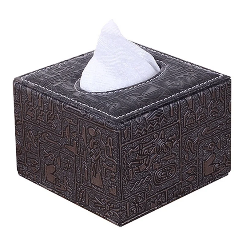 Tissue Box Cover Square Modern Leather Facial Tissue Dispenser Box Holder for Home Office Desktop, Car - Egyptian Pattern