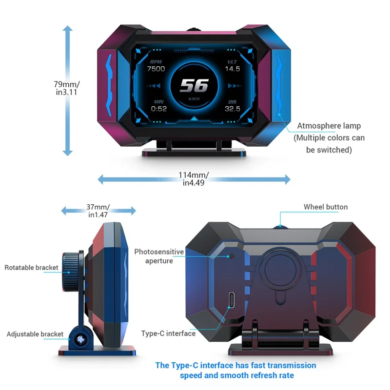 P25 عرض أمامي للسيارة OBD شاشة LCD متعددة الوظائف مع عداد سرعة ودرجة حرارة الماء واستهلاك الوقود وجهاز قياس الميل