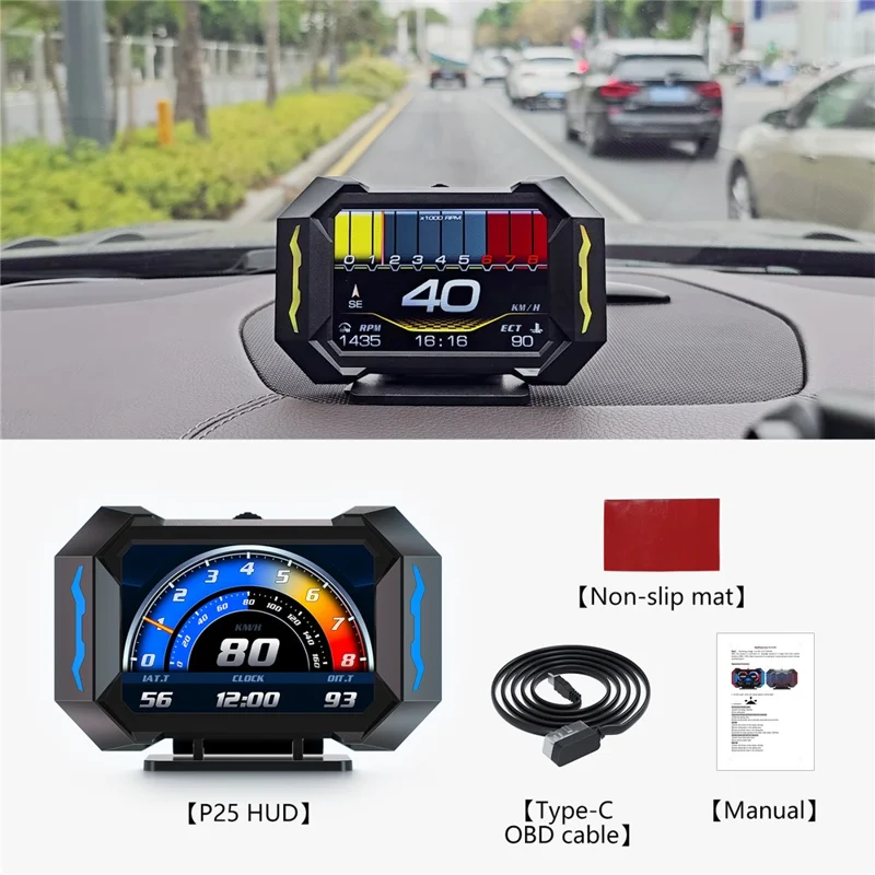 P25 عرض أمامي للسيارة OBD شاشة LCD متعددة الوظائف مع عداد سرعة ودرجة حرارة الماء واستهلاك الوقود وجهاز قياس الميل