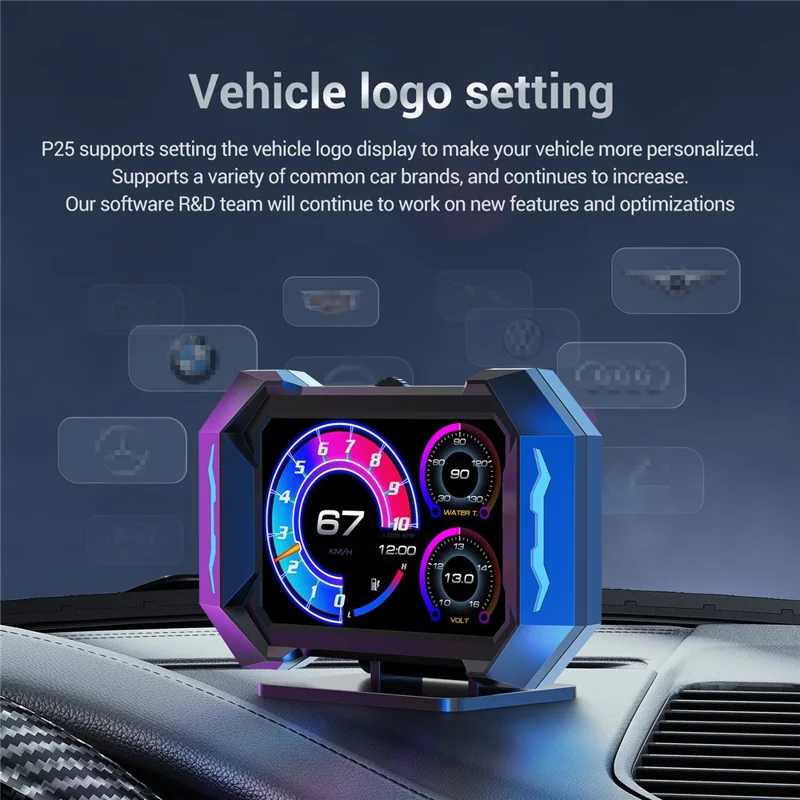 P25 عرض أمامي للسيارة OBD شاشة LCD متعددة الوظائف مع عداد سرعة ودرجة حرارة الماء واستهلاك الوقود وجهاز قياس الميل