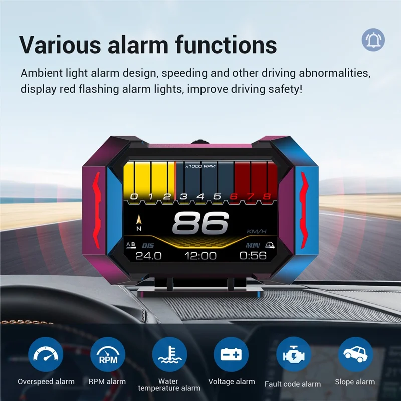 P25 عرض أمامي للسيارة OBD شاشة LCD متعددة الوظائف مع عداد سرعة ودرجة حرارة الماء واستهلاك الوقود وجهاز قياس الميل