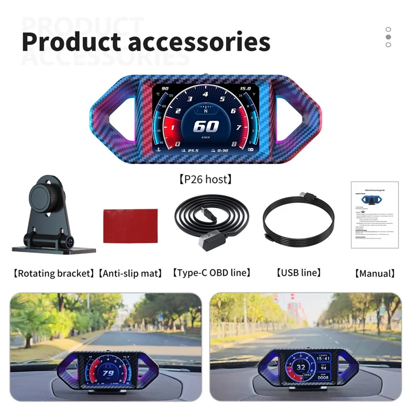 P26 HUD para Coche con OBD y GPS, Velocímetro LCD con RPM, Consumo de Combustible y Medidor de Pendiente