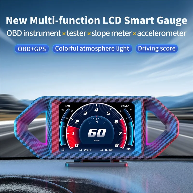 P26 HUD para Coche con OBD y GPS, Velocímetro LCD con RPM, Consumo de Combustible y Medidor de Pendiente