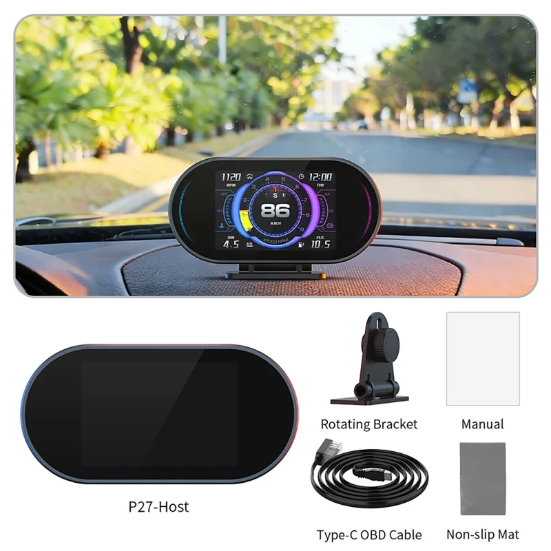 P27 OBD2 GPS Dual-Mode Auto-HUD LCD-Head-up-Display mit Geschwindigkeit, Drehzahl, Wassertemperatur und Kraftstoffverbrauch – Schwarz