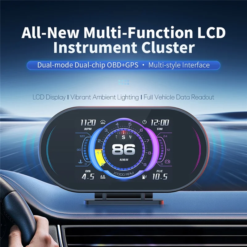 P27 OBD2 GPS Dual-Mode Auto-HUD LCD-Head-up-Display mit Geschwindigkeit, Drehzahl, Wassertemperatur und Kraftstoffverbrauch – Schwarz