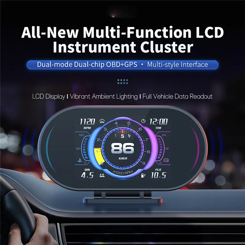 P27 OBD2 GPS Dual-Mode Auto-HUD LCD-Head-up-Display mit Geschwindigkeit, Drehzahl, Wassertemperatur und Kraftstoffverbrauch – Schwarz