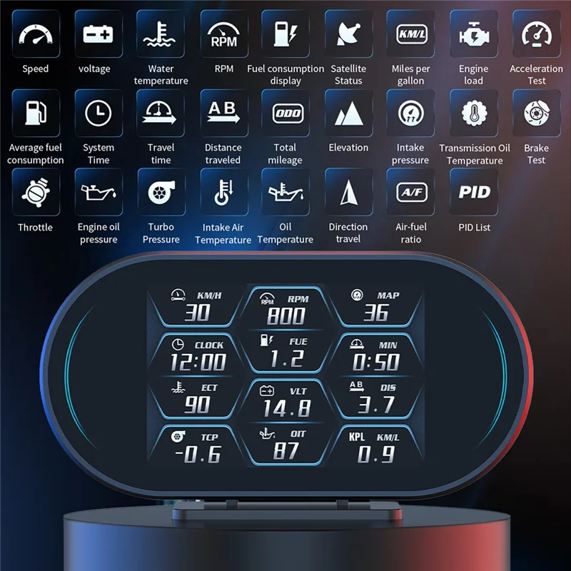 P27 OBD2 GPS Dual-Mode Auto-HUD LCD-Head-up-Display mit Geschwindigkeit, Drehzahl, Wassertemperatur und Kraftstoffverbrauch – Schwarz