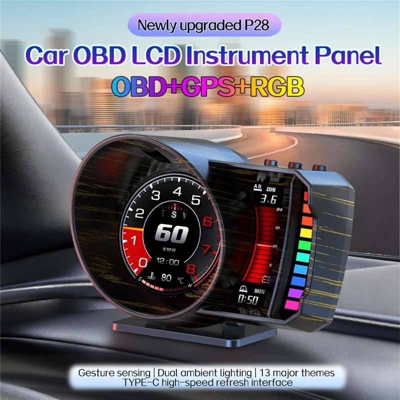 P28 3.5 Inch LCD OBD2+GPS Dual System Car HUD Head-Up Display with RGB Ambient Light - Black