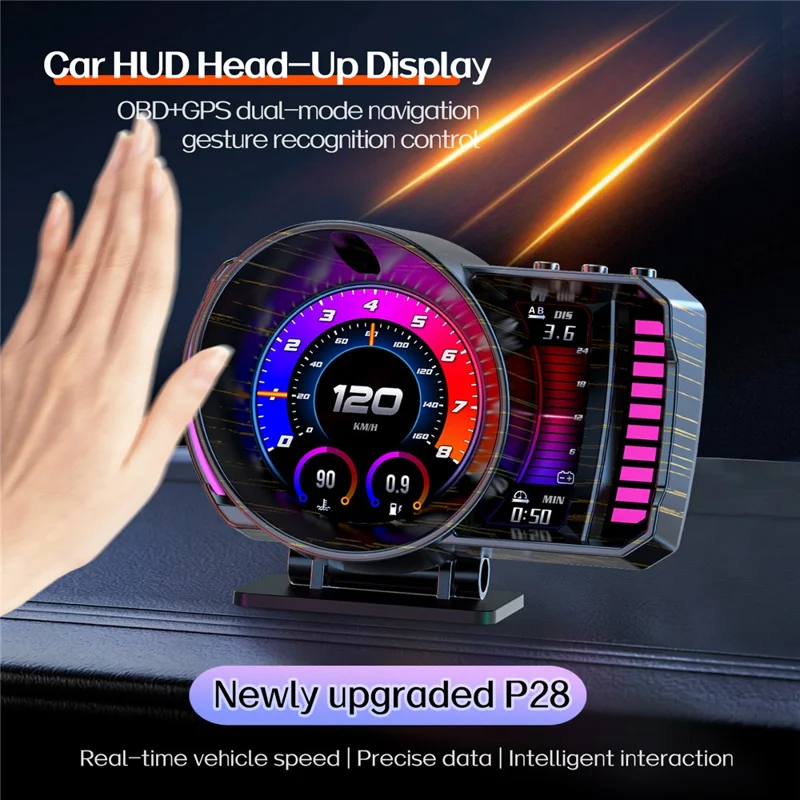 P28 3.5 Inch LCD OBD2+GPS Dual System Car HUD Head-Up Display with RGB Ambient Light - Black