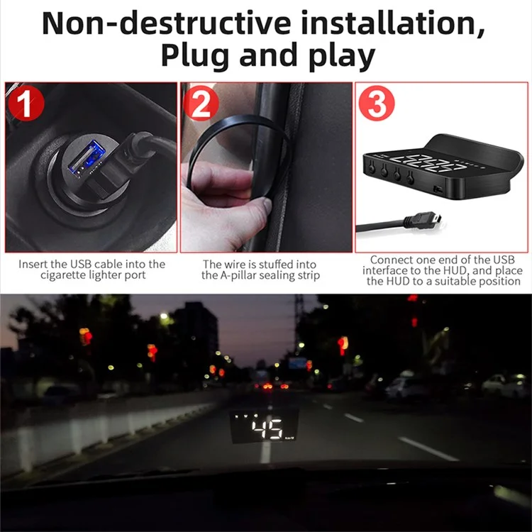 M1 Multifunctional Large Screen Head Up Display Car Electronic HUD Windshield Projector Overspeed Security Alarm - White