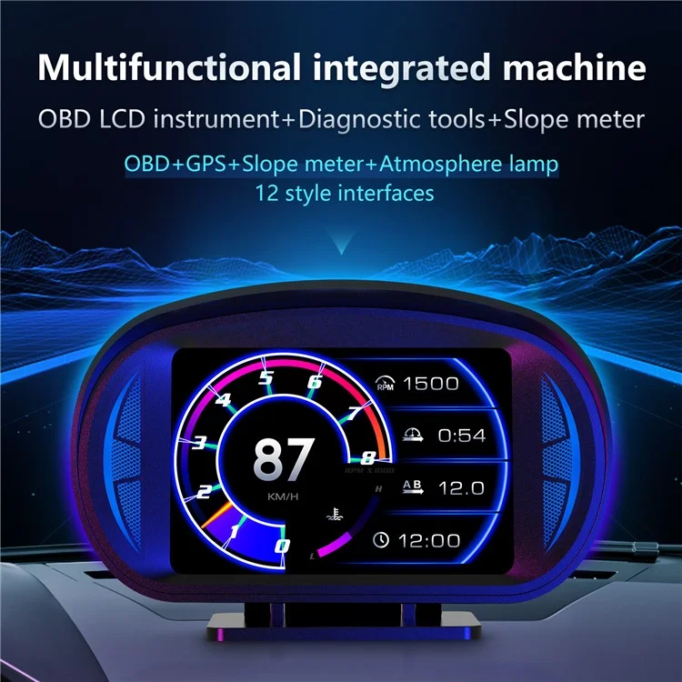 P2 OBD LCD Display Smart Driving Device + Diagnostic Tools + Slope Meter for Cars Vehicles