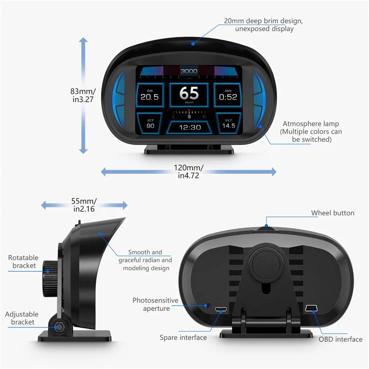 P2 OBD LCD Exibir Dispositivo de Direção Inteligente + Ferramentas de Diagnóstico + Medidor de Inclinação Para Veículos de Carros