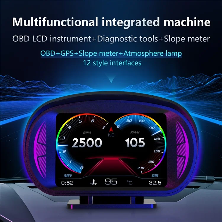 P2 OBD LCD Display Smart Driving Device + Diagnostic Tools + Slope Meter for Cars Vehicles