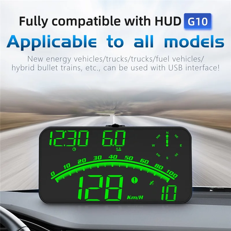 G10 GPS Head-Up Display 16:9 Large Screen HUD with 2 Alarm Function Support 360° Rotating - Green