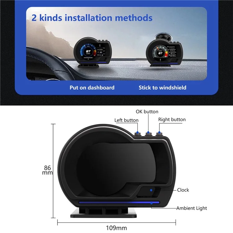 P6 Car HUD Head-Up Display OBD2+GPS Smart Gauge with Over Speed, RPM Alarm