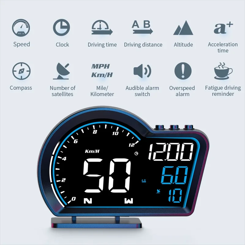 G16 Head Up Display Auto Speedometer Digital Odometer Alarm Reminder GPS HUD Gauge - Blå+Hvid