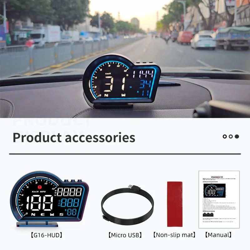 G16 Head Up Display Auto Speedometer Digital Odometer Alarm Reminder GPS HUD Gauge - Blå+Hvid