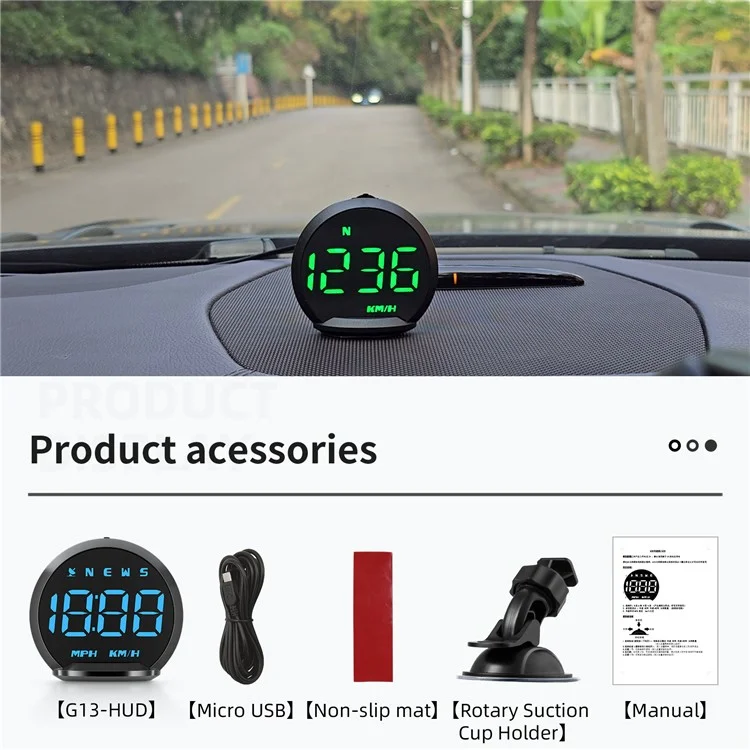 G13 Universal Head Up Display Car HUD 7-Color Digital Speedometer Alarm Reminder GPS System