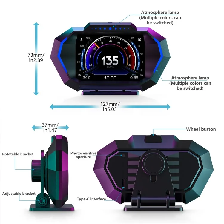 Mostrador de Cabeça para Carro P24 OBD + GPS HUD Computador de Bordo Digital com Luz Ambiente