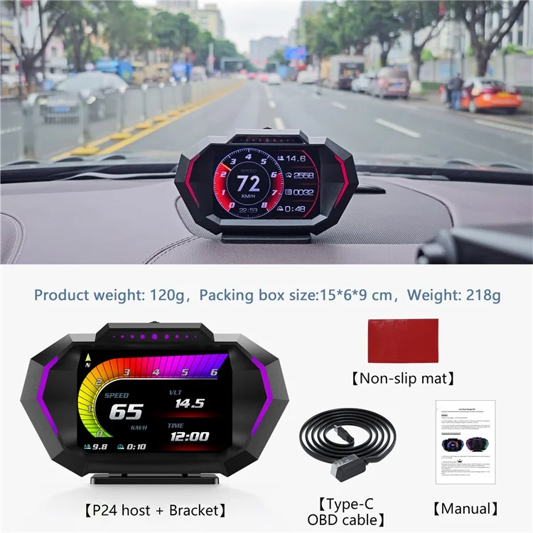 Mostrador de Cabeça para Carro P24 OBD + GPS HUD Computador de Bordo Digital com Luz Ambiente