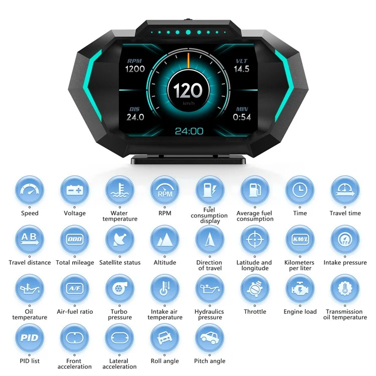 Mostrador de Cabeça para Carro P24 OBD + GPS HUD Computador de Bordo Digital com Luz Ambiente