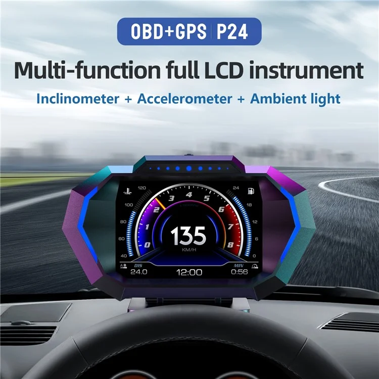 Mostrador de Cabeça para Carro P24 OBD + GPS HUD Computador de Bordo Digital com Luz Ambiente