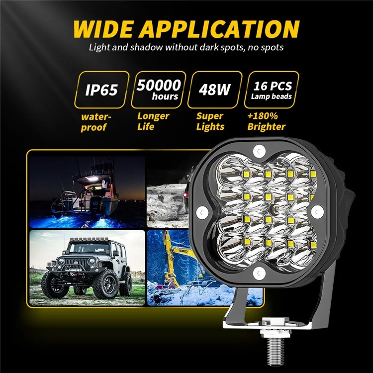 3-inch 48W 16-LED Car Truck Forklift Spotlight Square Waterproof Engineering Vehicle Headlight - White Light