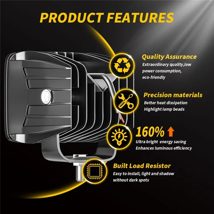 4-LED 12W Car SUV Off-Road Motorcycle Square Spotlight Waterproof Vehicle Headlight - Yellow Light