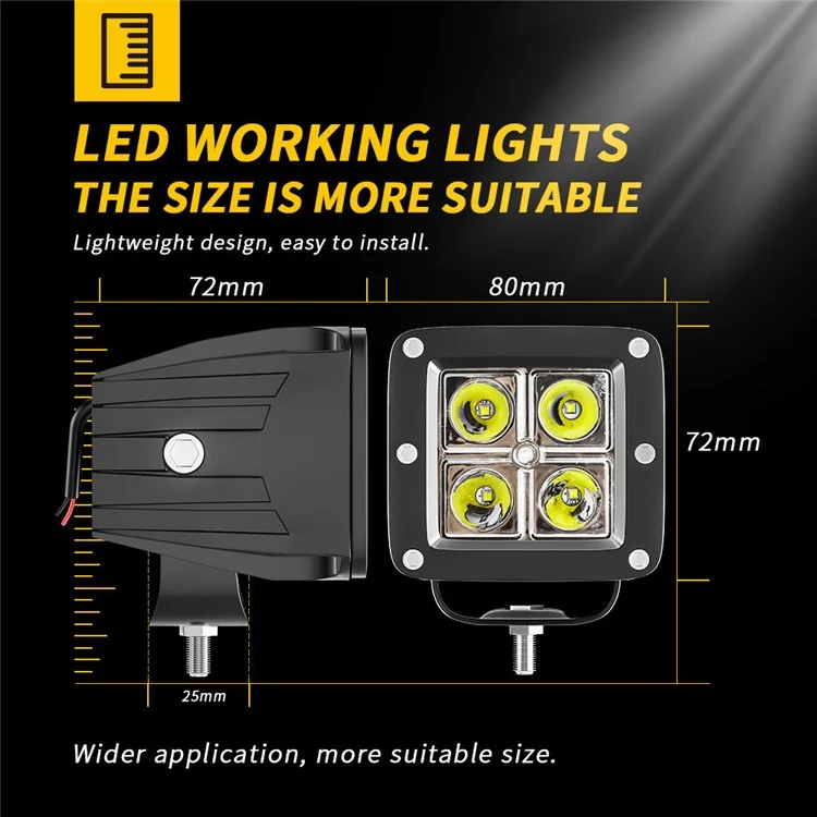 4-LED 12W Car SUV Off-Road Motorcycle Square Spotlight Waterproof Vehicle Headlight - Yellow Light