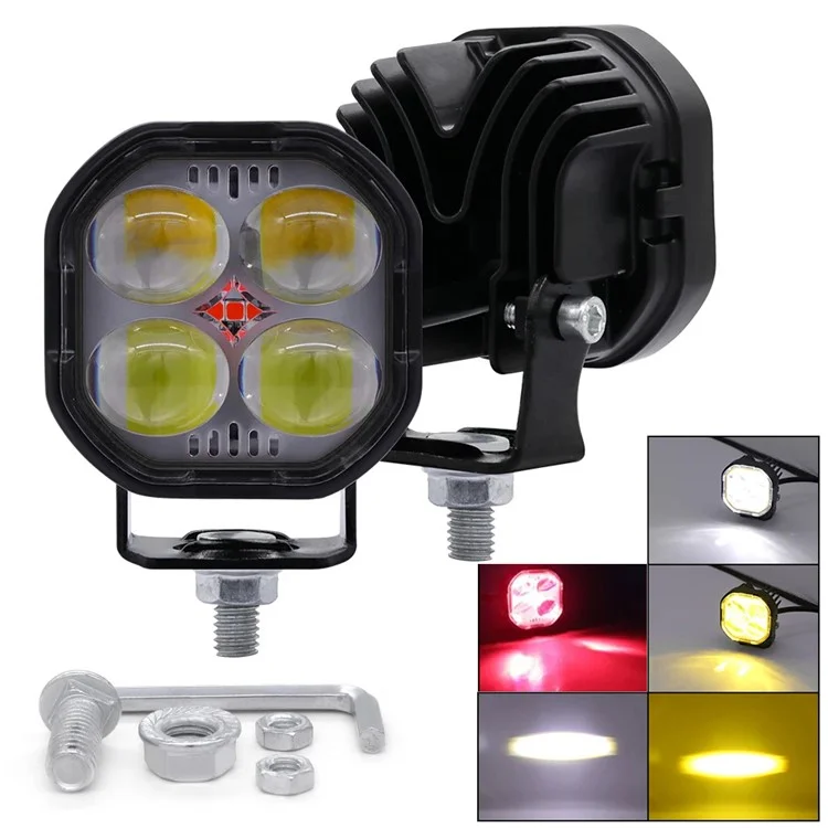 Luz de trabajo LED de haz alto y bajo IP68 a prueba de agua, foco de motocicleta de color dual con soporte ajustable - Anillo a prueba de agua transparente / Luz blanca y roja amarilla