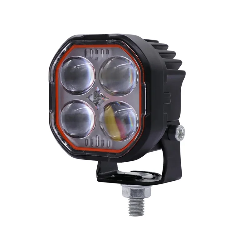 Luz de trabajo LED de haz alto y bajo IP68 a prueba de agua, foco de motocicleta de color dual con soporte ajustable - Anillo a prueba de agua transparente / Luz blanca y roja amarilla