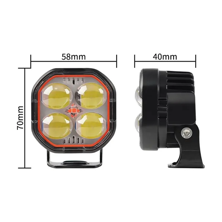 Luz de trabajo LED de haz alto y bajo IP68 a prueba de agua, foco de motocicleta de color dual con soporte ajustable - Anillo a prueba de agua transparente / Luz blanca y roja amarilla