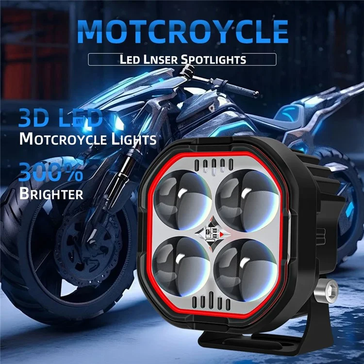 Luz de trabajo LED de haz alto y bajo IP68 a prueba de agua, foco de motocicleta de color dual con soporte ajustable - Anillo a prueba de agua transparente / Luz blanca y roja amarilla