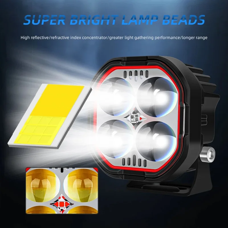 Luz de trabajo LED de haz alto y bajo IP68 a prueba de agua, foco de motocicleta de color dual con soporte ajustable - Anillo a prueba de agua transparente / Luz blanca y roja amarilla