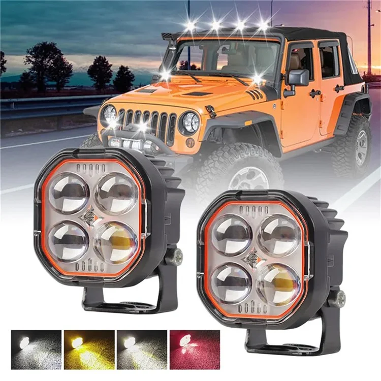 Luz de trabajo LED de haz alto y bajo IP68 a prueba de agua, foco de motocicleta de color dual con soporte ajustable - Anillo a prueba de agua transparente / Luz blanca y roja amarilla