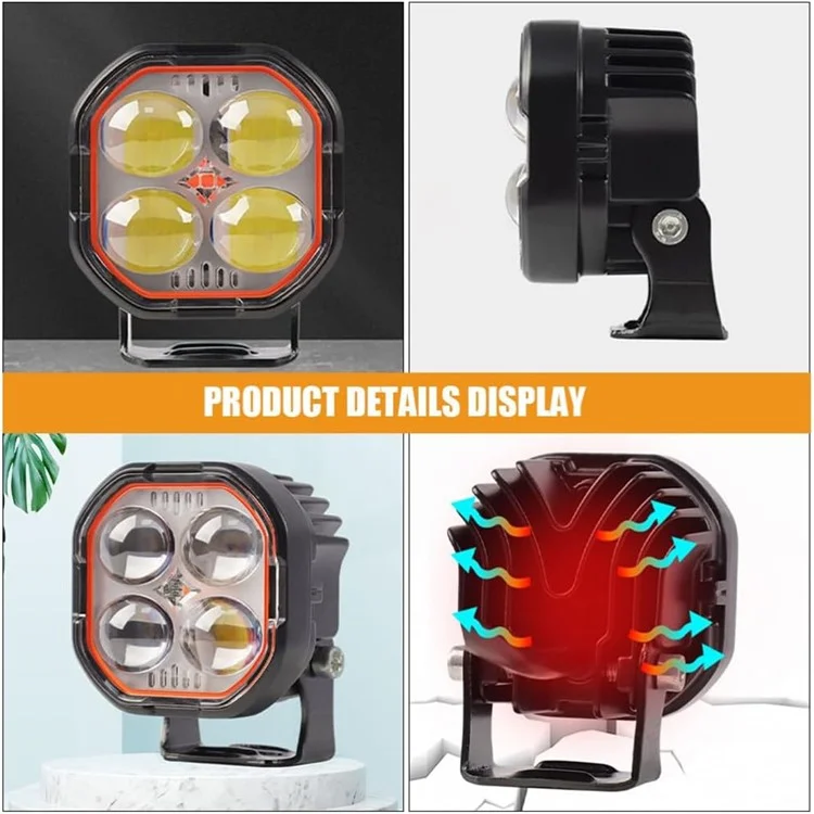 Luz de trabajo LED de haz alto y bajo IP68 a prueba de agua, foco de motocicleta de color dual con soporte ajustable - Anillo a prueba de agua transparente / Luz blanca y roja amarilla