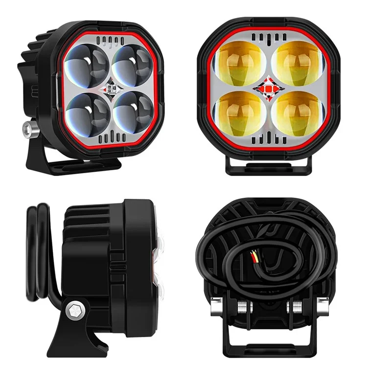 Luz de trabajo LED de haz alto y bajo IP68 a prueba de agua, foco de motocicleta de color dual con soporte ajustable - Anillo a prueba de agua transparente / Luz blanca y roja amarilla