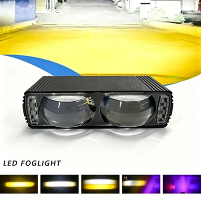Dual Lens LED Fog Light White + Yellow Light 10W High Low Beam Motorcycle Headlight - Black