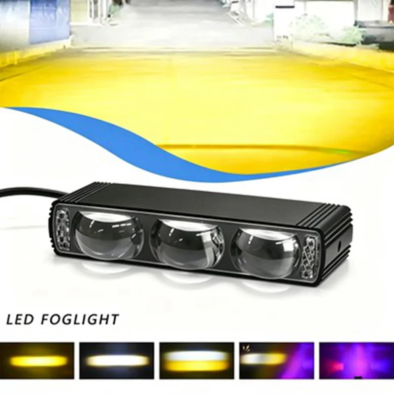 Triple Lens LED Fog Light White + Yellow Light 10W High Low Beam Motorcycle Headlight - Black