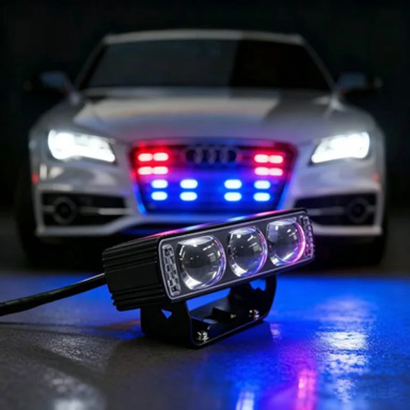 Triple Lens LED Fog Light White + Yellow Light 10W High Low Beam Motorcycle Headlight - Black