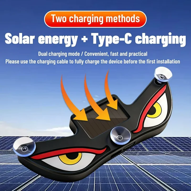 Lámpara LED de Advertencia para Coche con Diseño de Ojos de Diablo, Luz de Ambiente con Energía Solar y Ventosas para Parabrisas - Rojo+Amarillo+Blanco