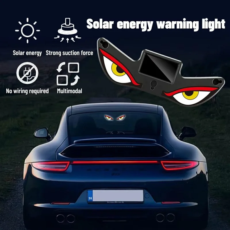 Lámpara LED de Advertencia para Coche con Diseño de Ojos de Diablo, Luz de Ambiente con Energía Solar y Ventosas para Parabrisas - Rojo+Amarillo+Blanco