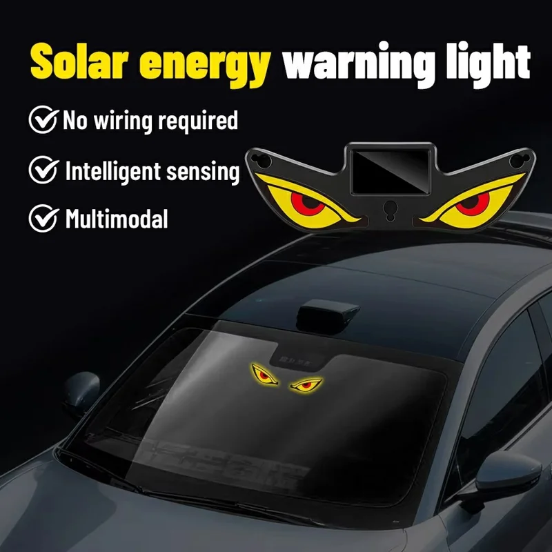 Lámpara LED de Advertencia para Coche con Diseño de Ojos de Diablo, Luz de Ambiente con Energía Solar y Ventosas para Parabrisas - Rojo+Amarillo+Blanco