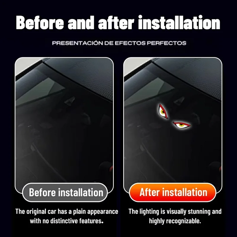 Lámpara LED de Advertencia para Coche con Diseño de Ojos de Diablo, Luz de Ambiente con Energía Solar y Ventosas para Parabrisas - Rojo+Amarillo+Blanco