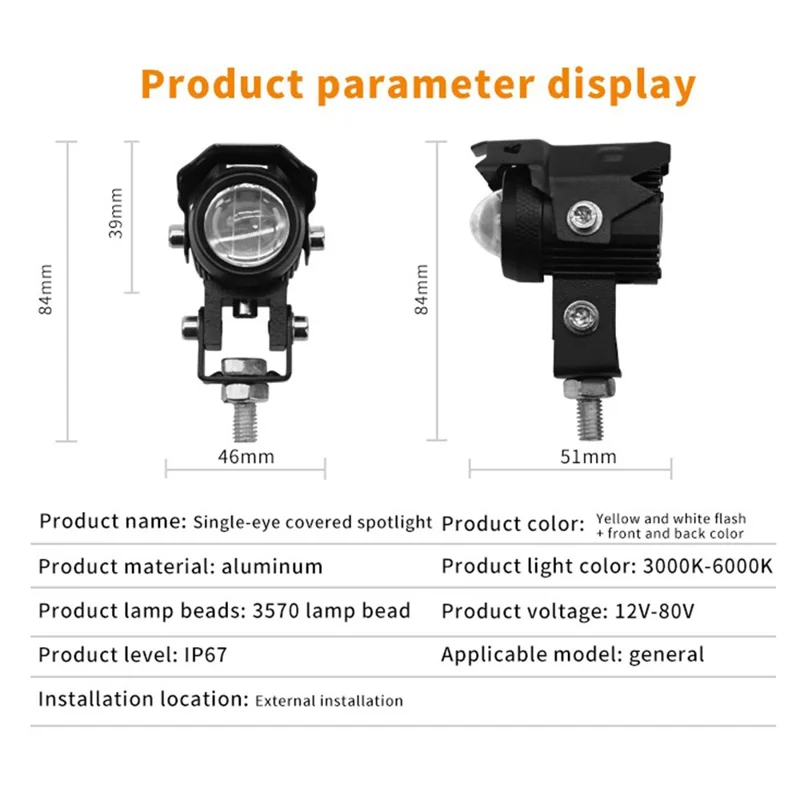 Motorcycle LED Light Dual Color Lens IP67 Waterproof 15W Night Riding Lamp Auxiliary Spotlight Lamp